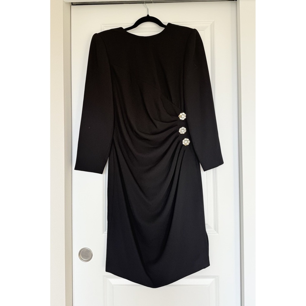Bill blass‎ evening dress Black Sleeve Ruched Midi Jeweled SZ 10 Vintage 80's